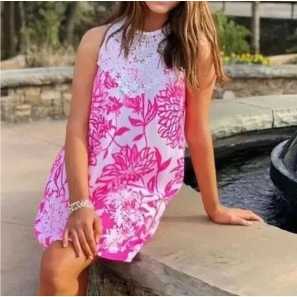 Lilly Pulitzer Size 2 Pink White Nala Soft Crotchet Shift Mini Dress - Picture 2 of 5